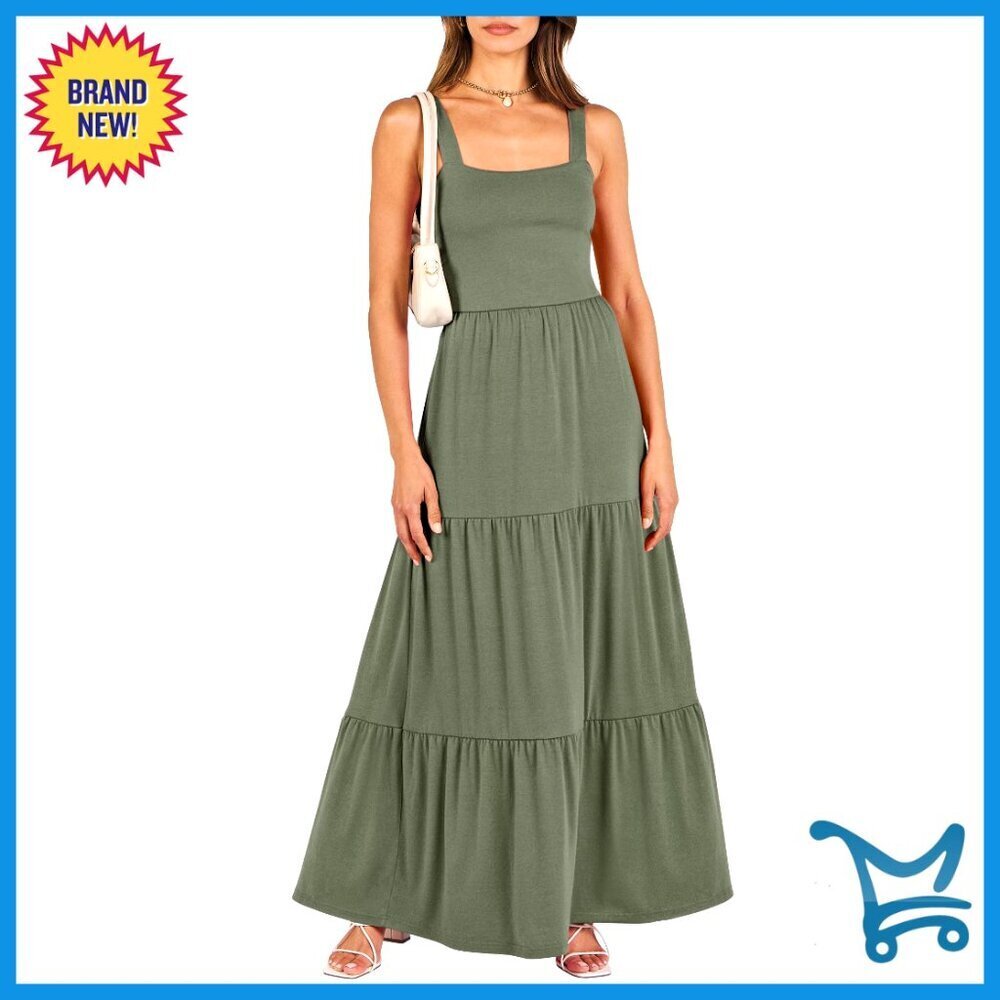 Sleeveless Square Neck Maxi Dress Flowy Tiered Boho Casual with Pockets